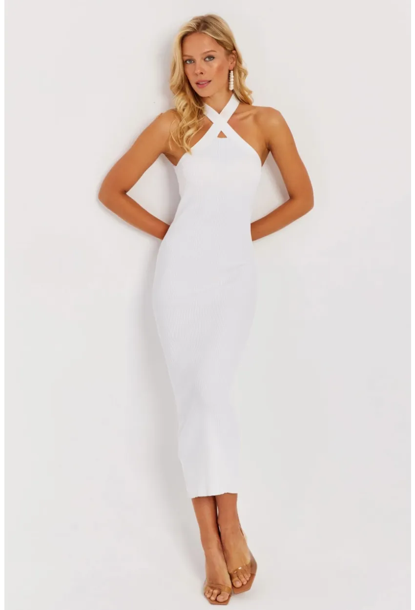 Kadın Beyaz Çapraz Yaka Triko Elbise YZ630
