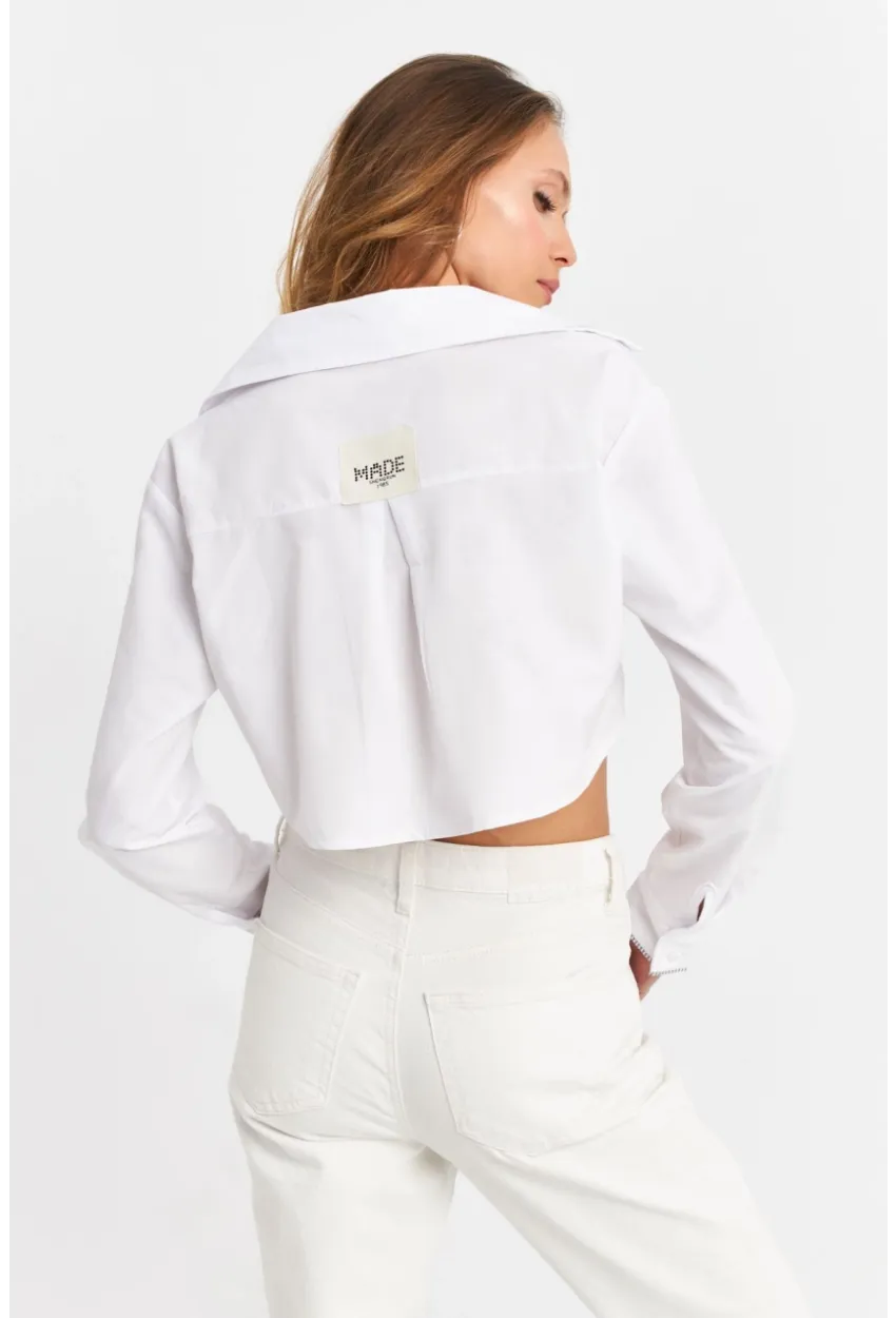 Kadın Beyaz Cep Detaylı Crop Gömlek KED4205