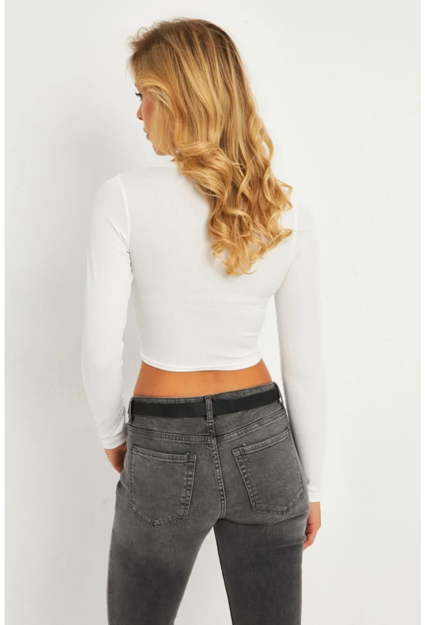 Kadın Beyaz Çıtçıtlı Crop Bluz CG379