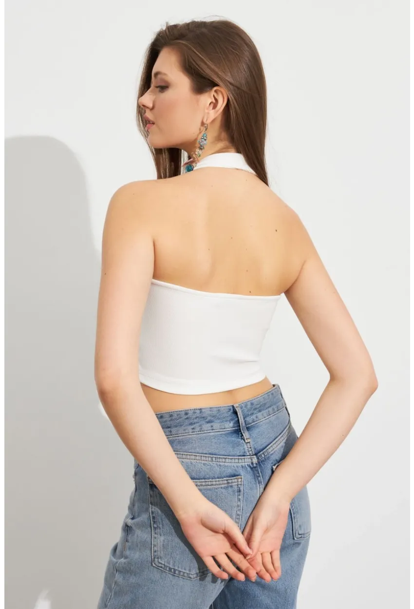 Kadın Beyaz Crop Bluz SE18