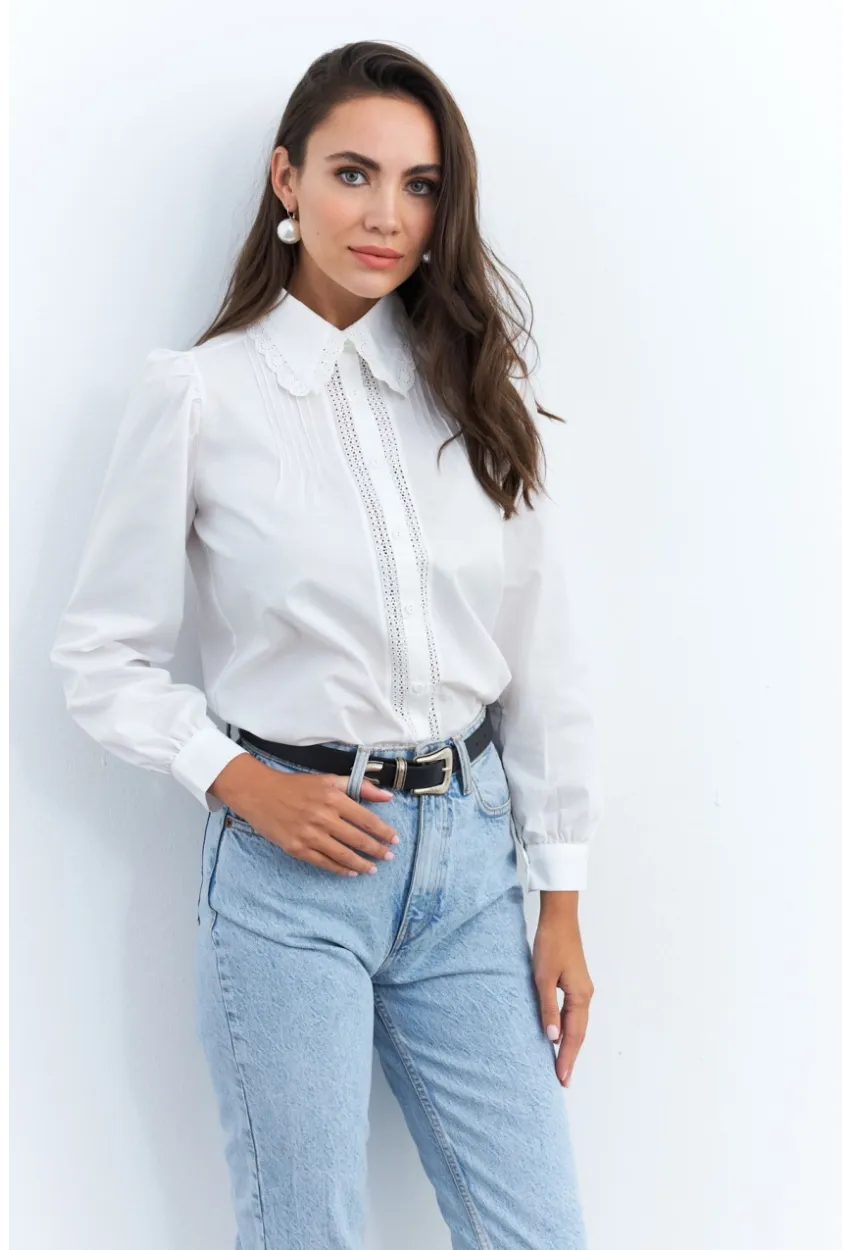 Kadın Beyaz Dantelli Balon Kol Gömlek MQS2492