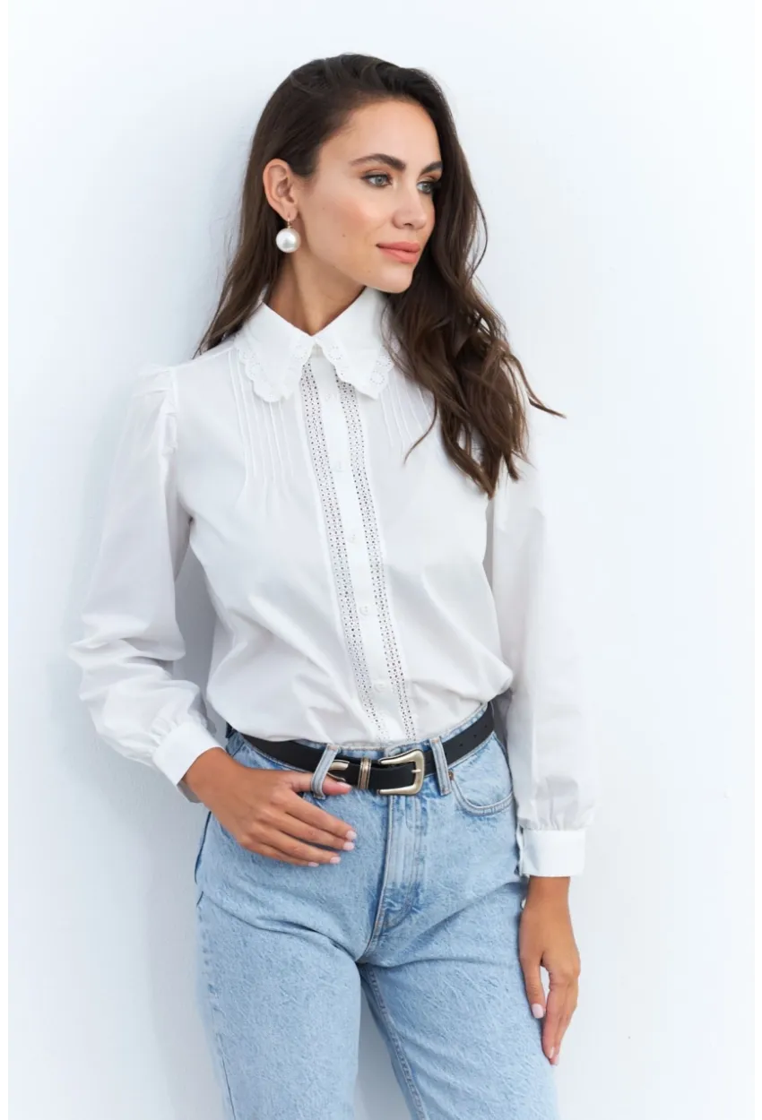 Kadın Beyaz Dantelli Balon Kol Gömlek MQS2492