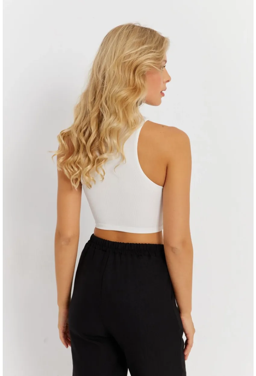 Kadın Beyaz Detaylı Crop Bluz AYD375