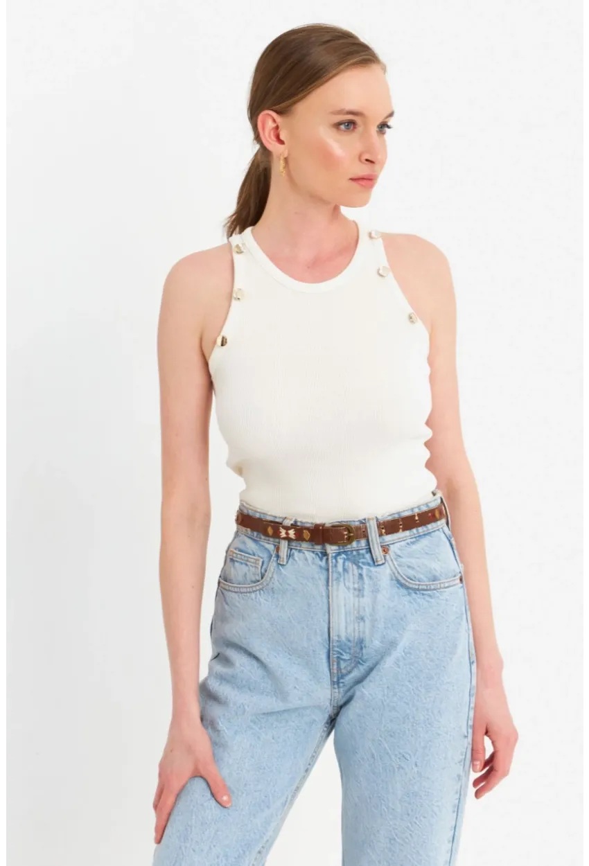 Kadın Beyaz Düğme Detaylı Kolsuz Kaşkorse Bluz TF55