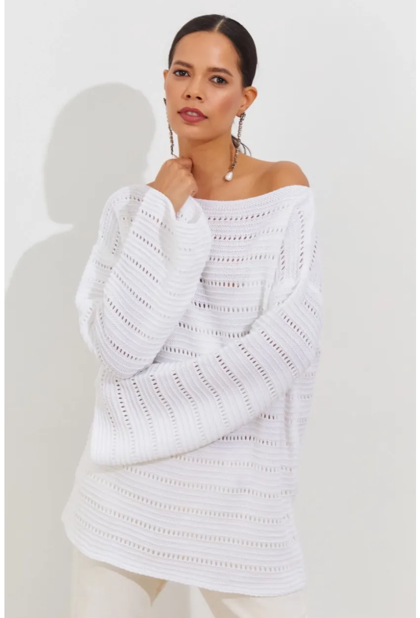 Kadın Beyaz İspanyol Kol Ajurlu Triko Uzun Bluz SMT199