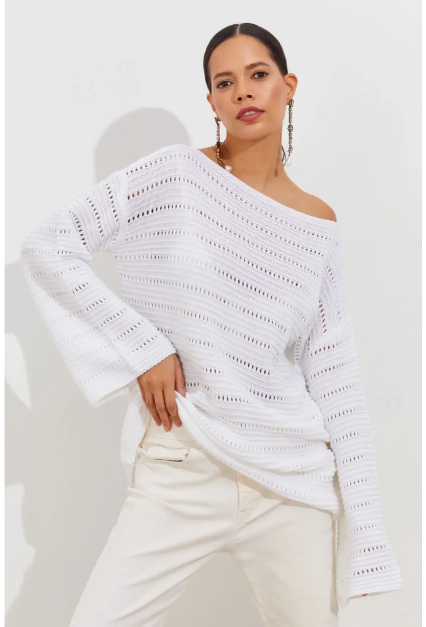 Kadın Beyaz İspanyol Kol Ajurlu Triko Uzun Bluz SMT199