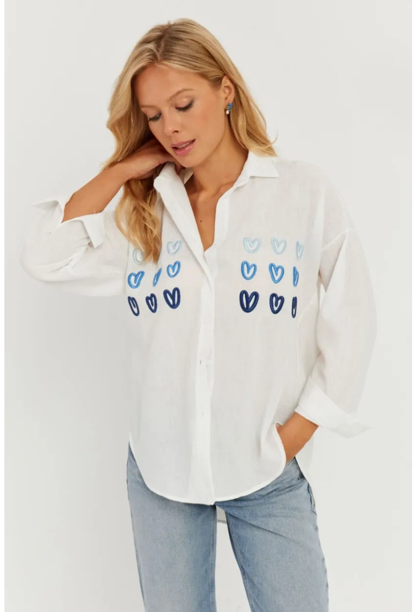 Kadın Beyaz Kalp Nakışlı Gömlek PP5391