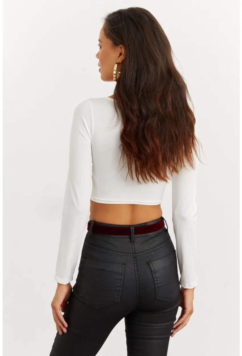 Kadın Beyaz Kalp Yaka Crop Bluz CG260