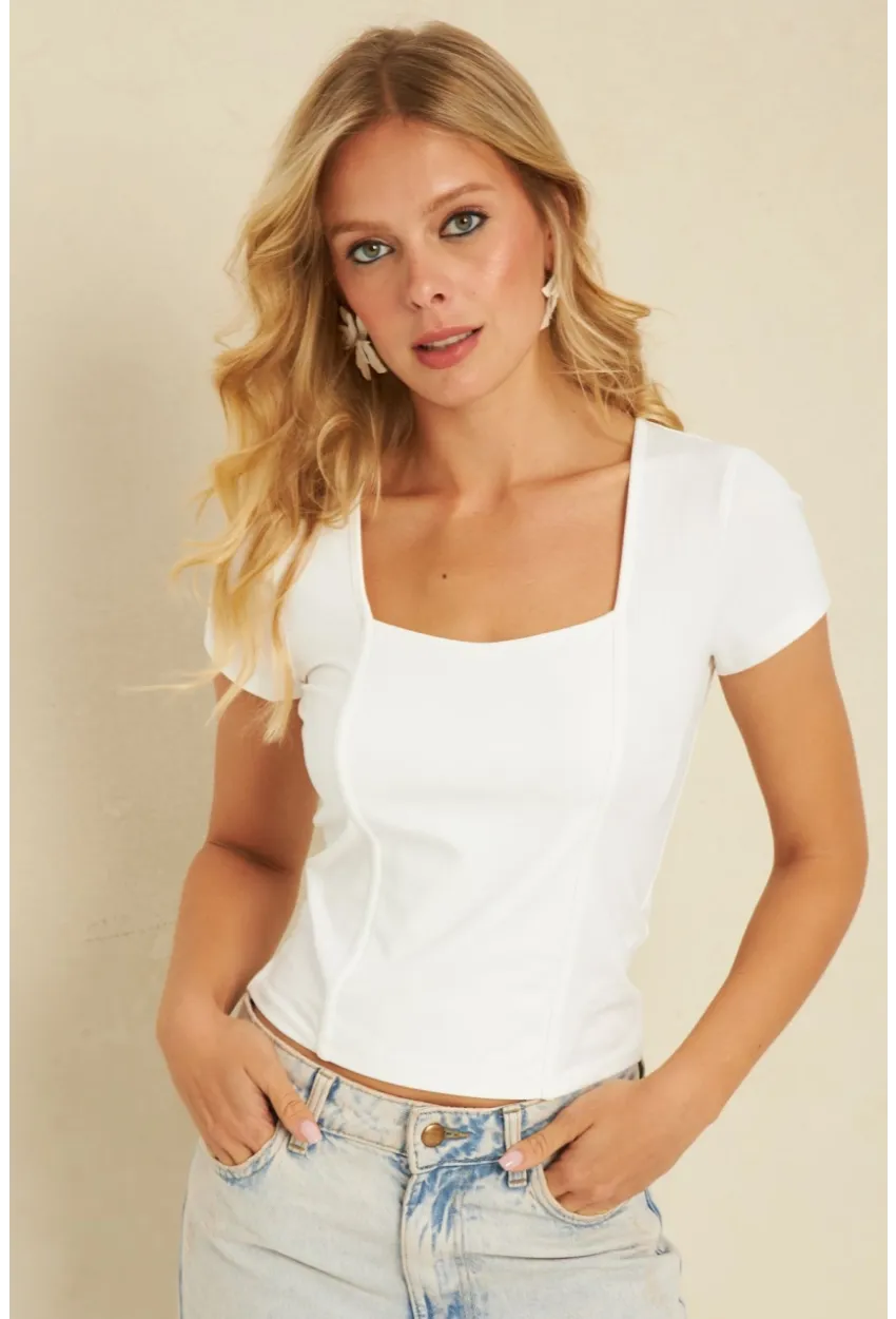 Kadın Beyaz Kare Yaka Bluz YLE613