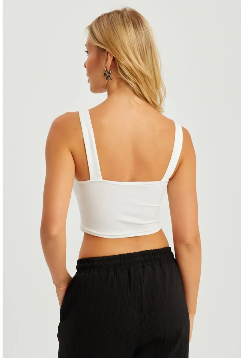 Kadın Beyaz Kare Yaka Crop Bluz CG348