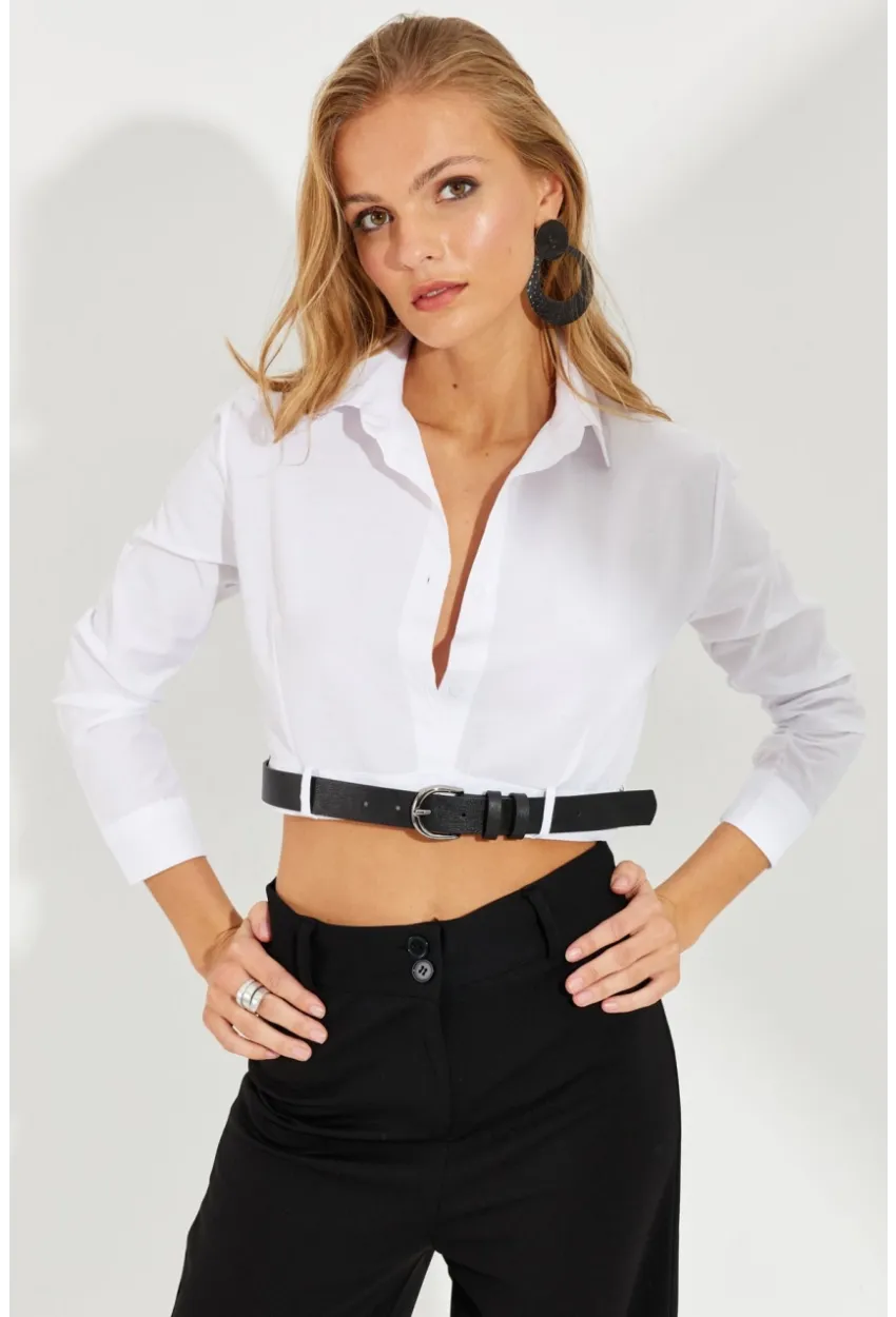 Kadın Beyaz Kemerli Kısa Gömlek MEN2017