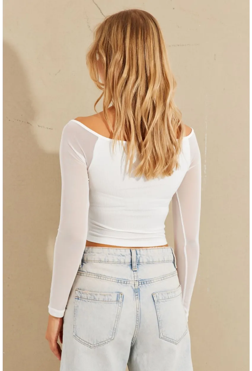 Kadın Beyaz Kolları Tül Crop Bluz CG315