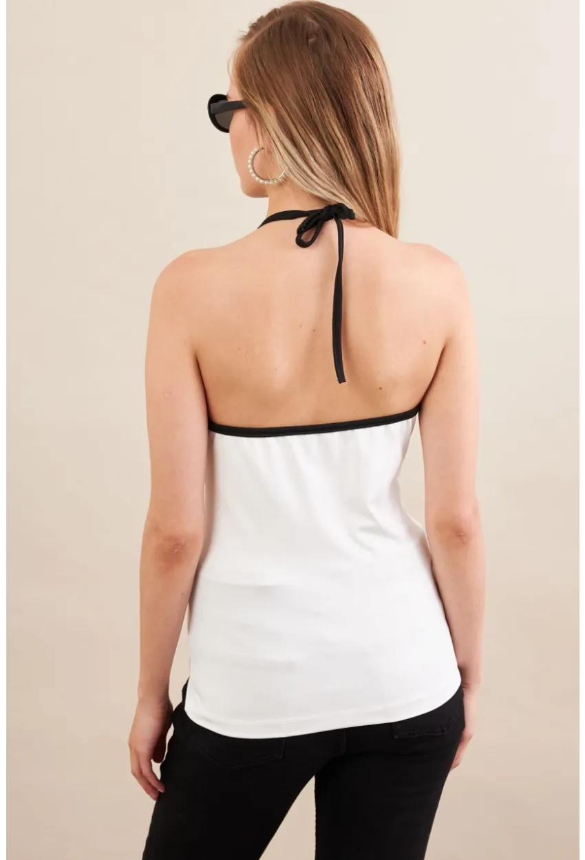 Kadın Beyaz Kontrast Biyeli V Yaka Bluz EY3103