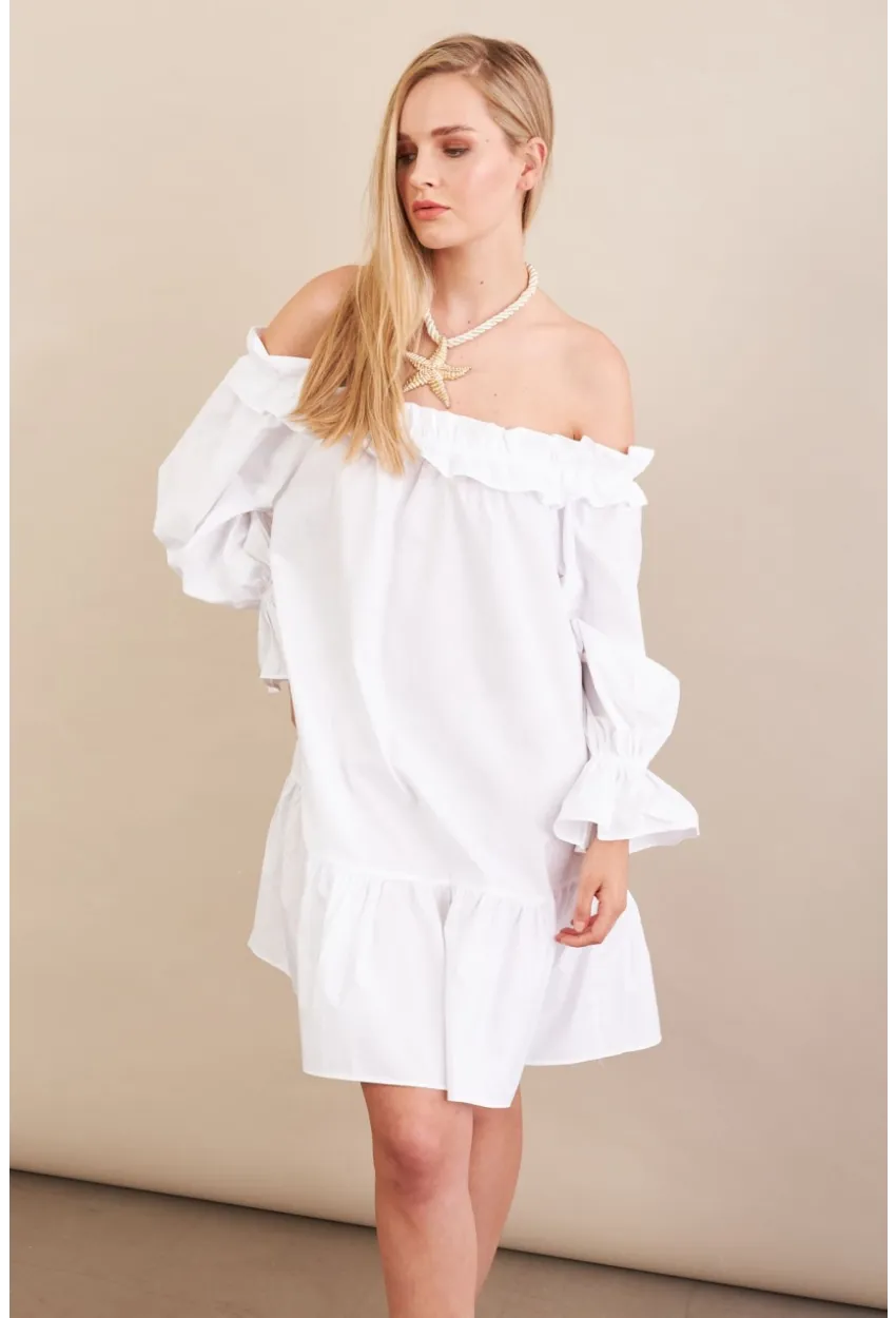 Kadın Beyaz Madonna Yaka Midi Elbise PSG1012