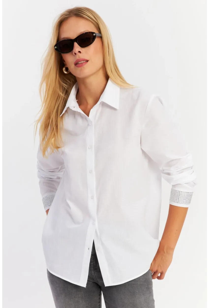 Kadın Beyaz Manşeti Taşlı Gömlek MZER415