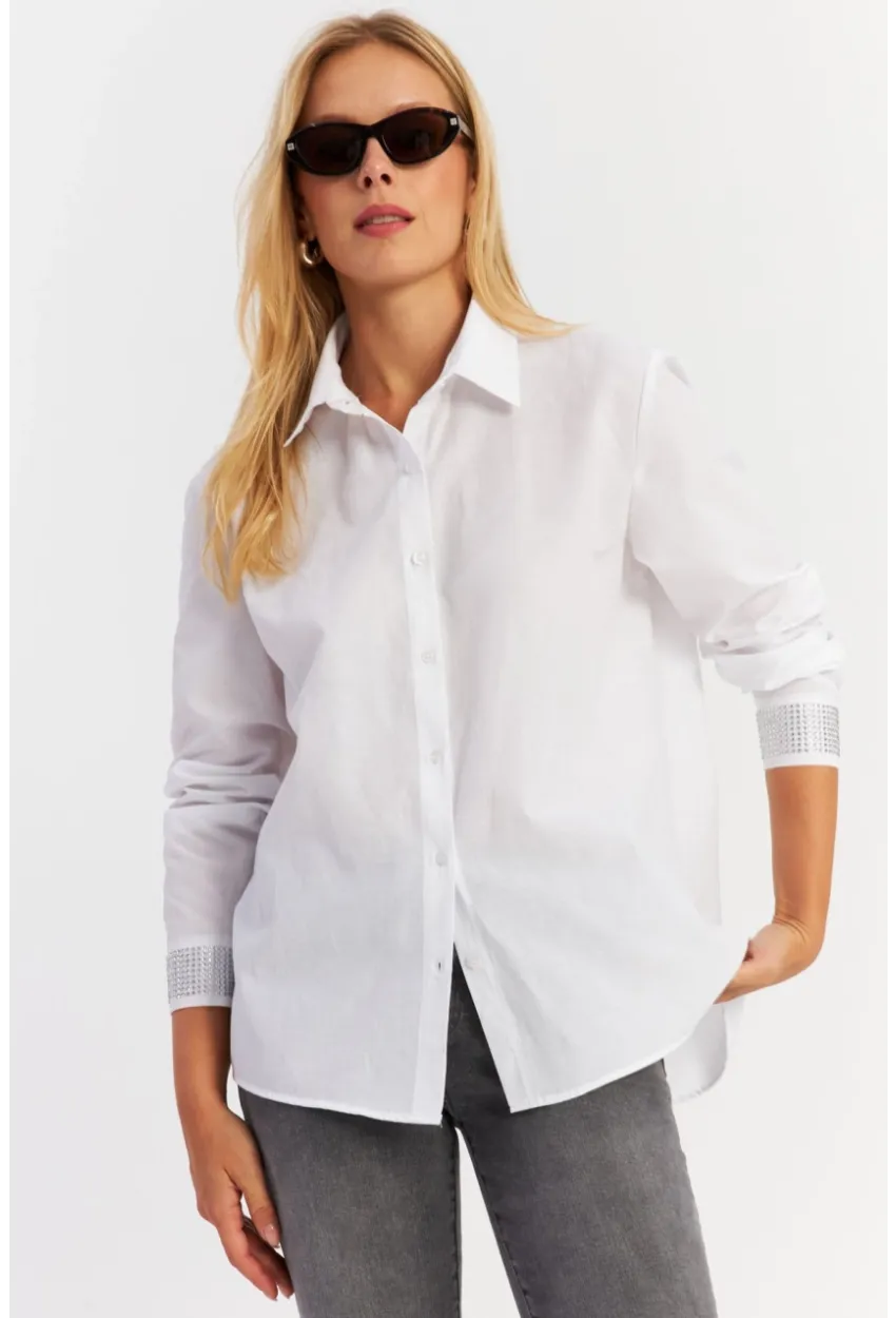 Kadın Beyaz Manşeti Taşlı Gömlek ZER415