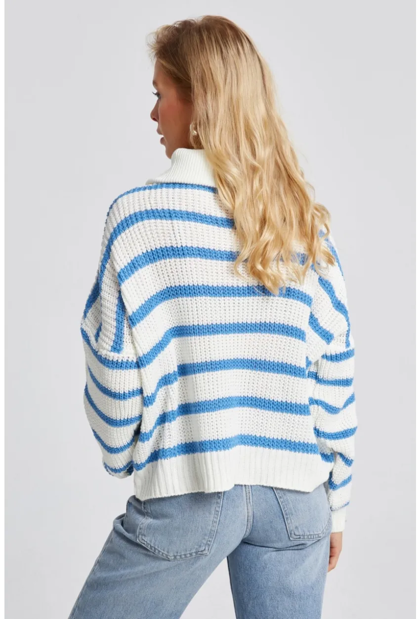 Kadın Beyaz-Mavi Fermuarlı Çizgili Kazak MSS133