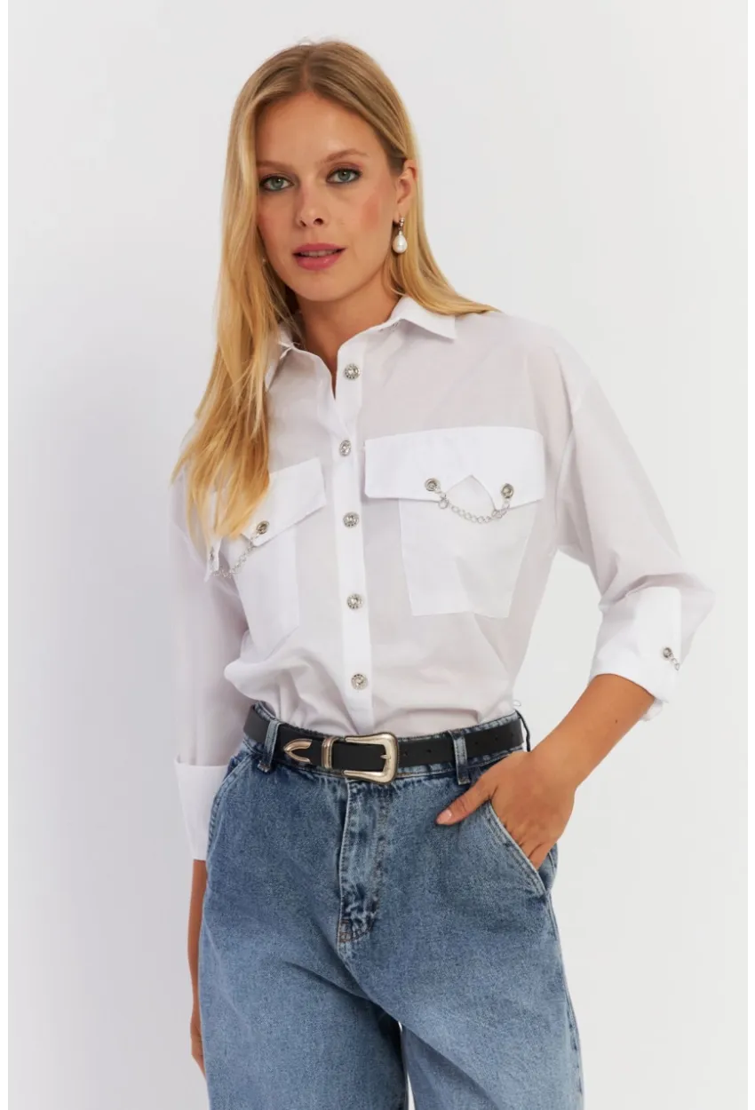 Kadın Beyaz Metal Detaylı Gömlek ASF13