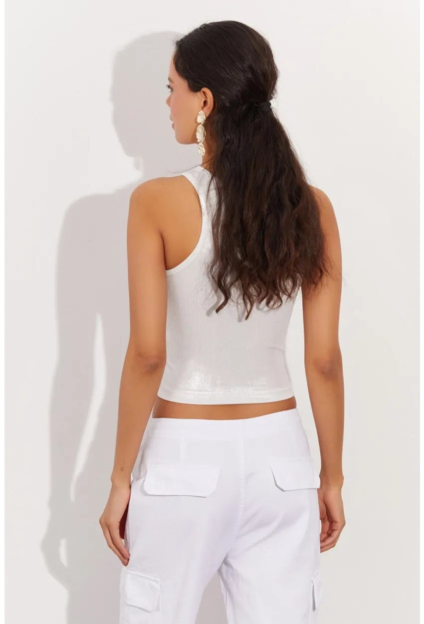 Kadın Beyaz Metalik Crop Bluz LPP1218