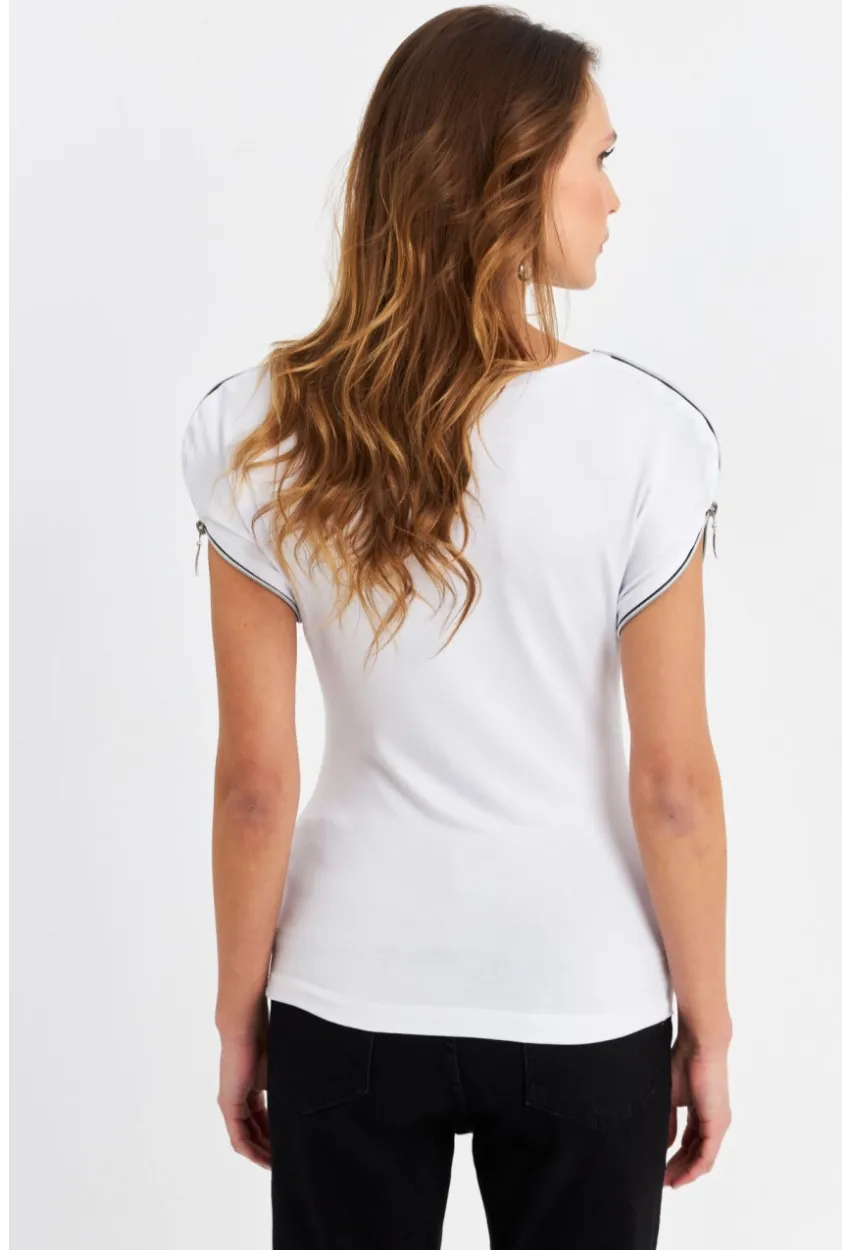 Kadın Beyaz Omuzları Fermuarlı Bluz EY3062