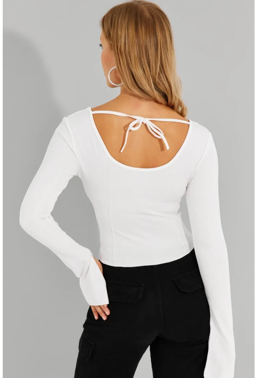 Kadın Beyaz Ön Arka U Crop Bluz CG302