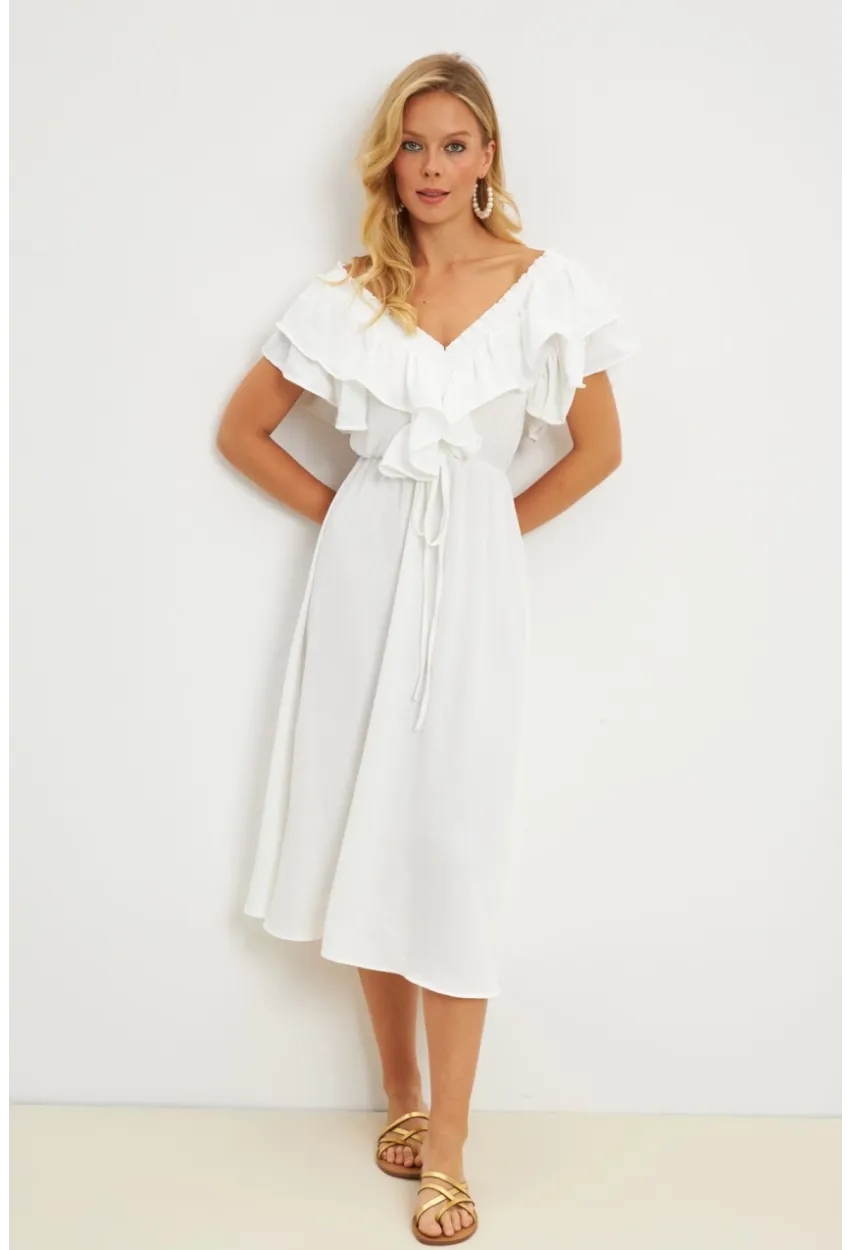 Kadın Beyaz Ön Arka V Volanlı Elbise KS113
