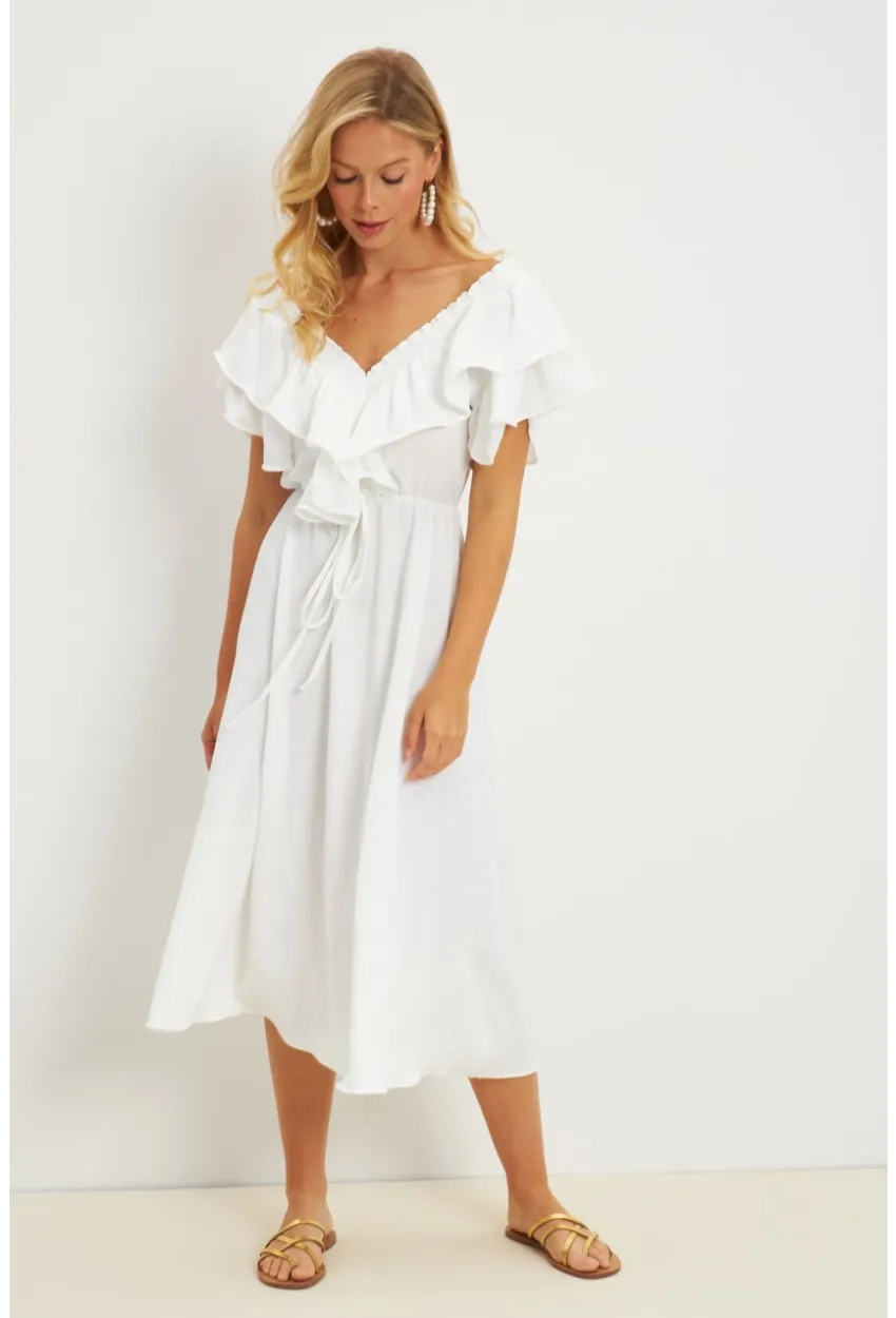 Kadın Beyaz Ön Arka V Volanlı Elbise KS113