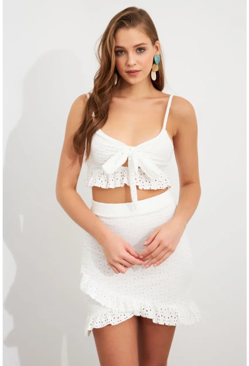 Kadın Beyaz Önü Bağlamalı Mini Etekli Takım LİT1088