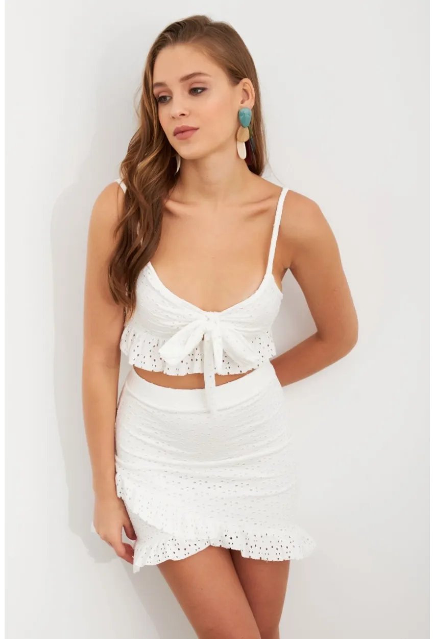 Kadın Beyaz Önü Bağlamalı Mini Etekli Takım LİT1088