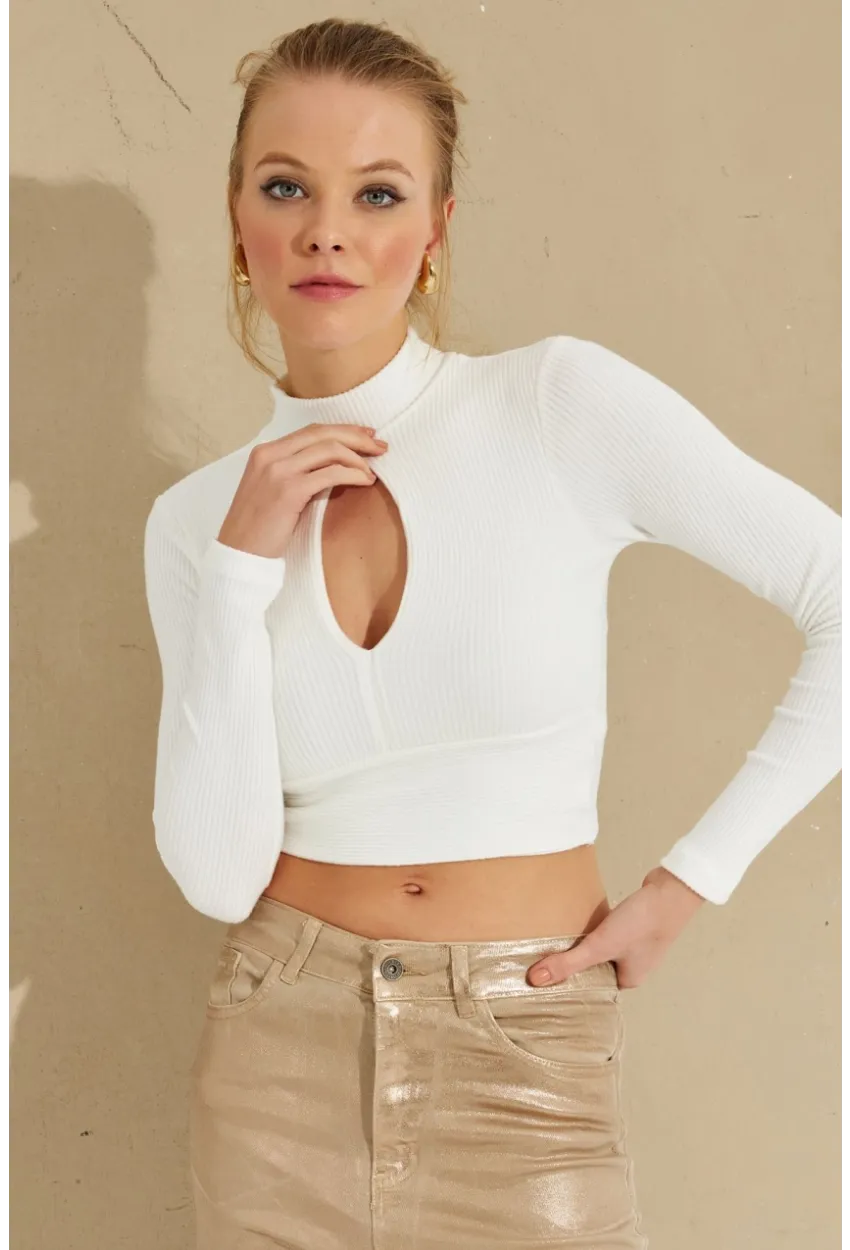 Kadın Beyaz Önü Damla Crop Bluz LPP1243