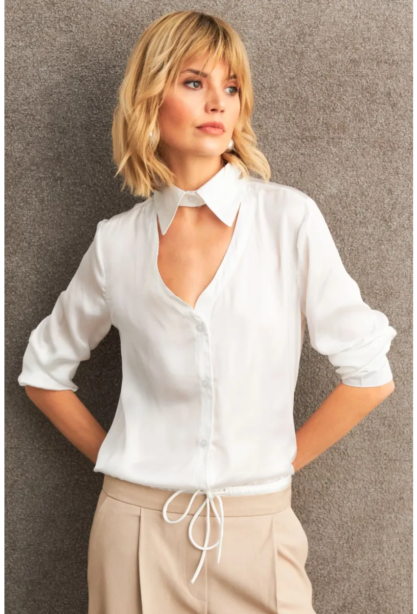 Kadın Beyaz Önü Pencereli Saten Gömlek ZER419