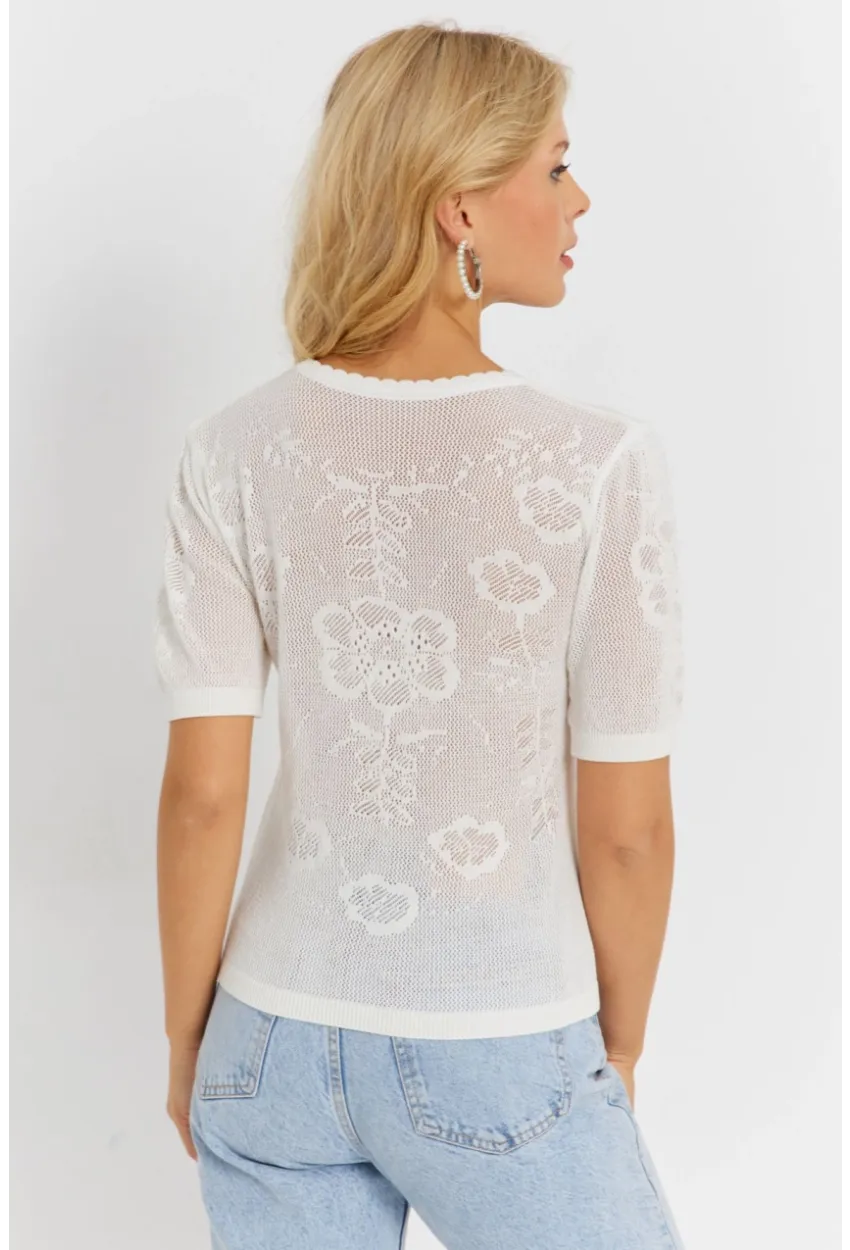 Kadın Beyaz Pointelle Triko Bluz KZ3197