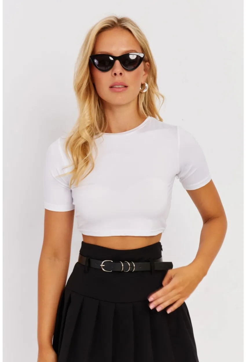 Kadın Beyaz Sırt Dekolteli Crop Bluz CY450