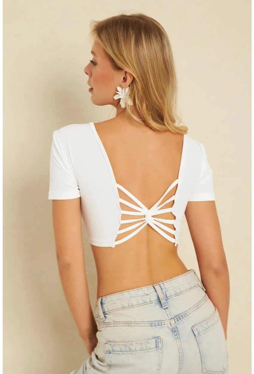 Kadın Beyaz Sırtı Açık Crop Bluz CG358