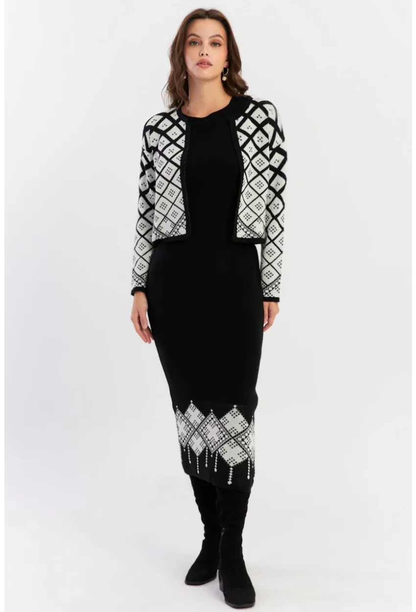 Kadın Beyaz-Siyah Desenli İkili Triko Takım NUV42