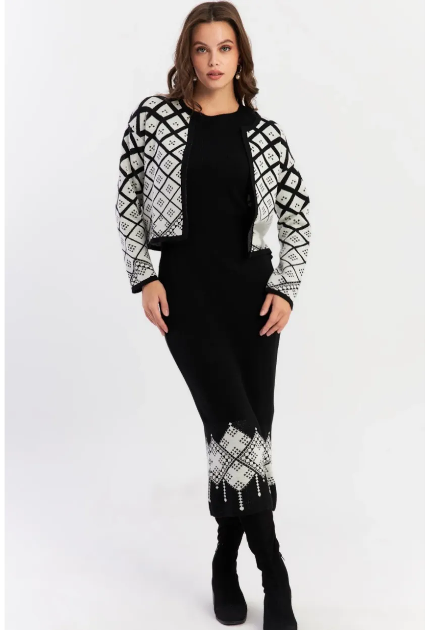 Kadın Beyaz-Siyah Desenli İkili Triko Takım NUV42
