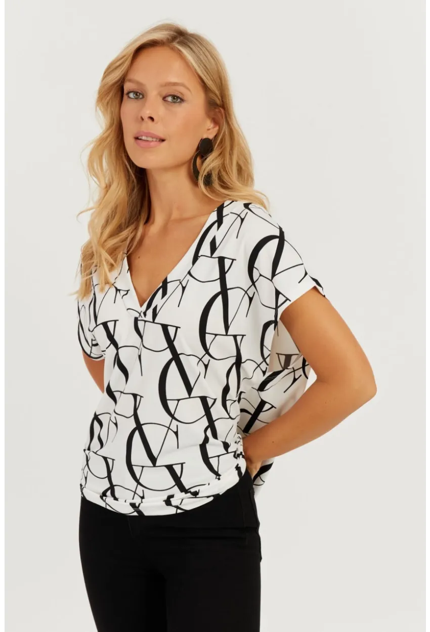 Kadın Beyaz-Siyah V Yaka Desenli Bluz AYD293