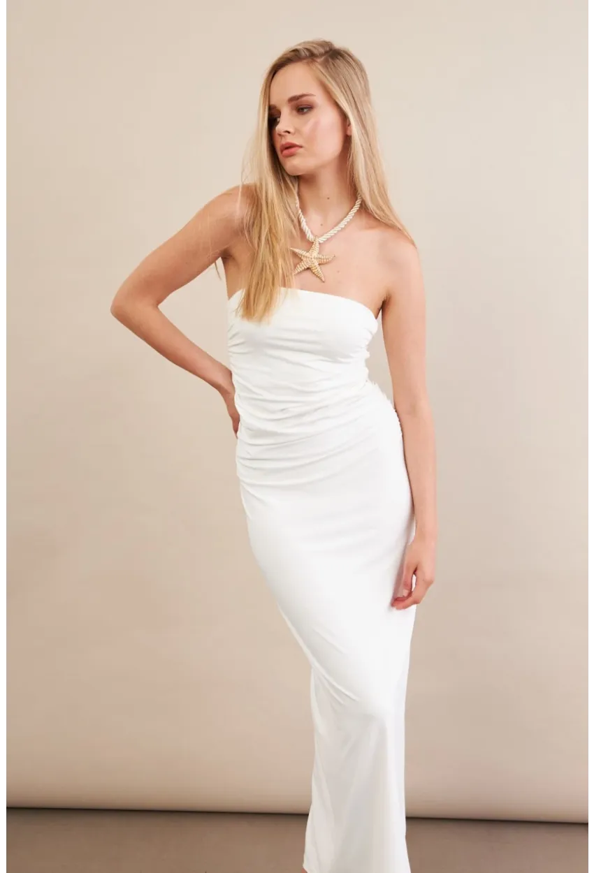 Kadın Beyaz Straplez Büzgülü Midi Elbise MX2005