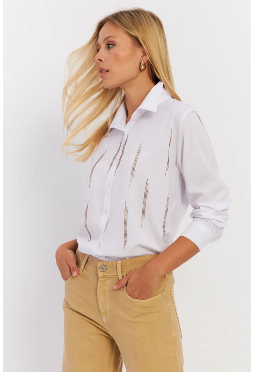 Kadın Beyaz Taşlı Gömlek MZER412