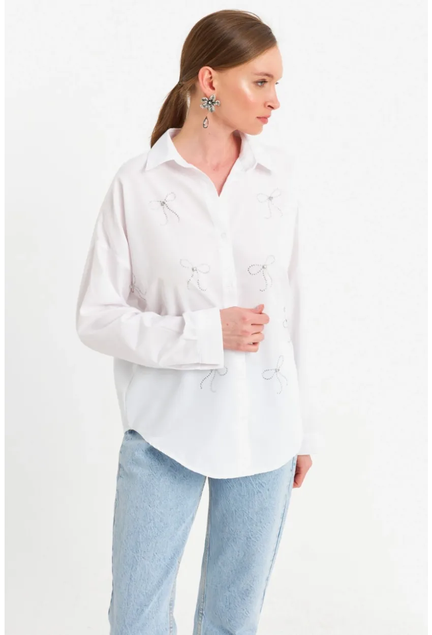 Kadın Beyaz Taşlı Gömlek MZER426