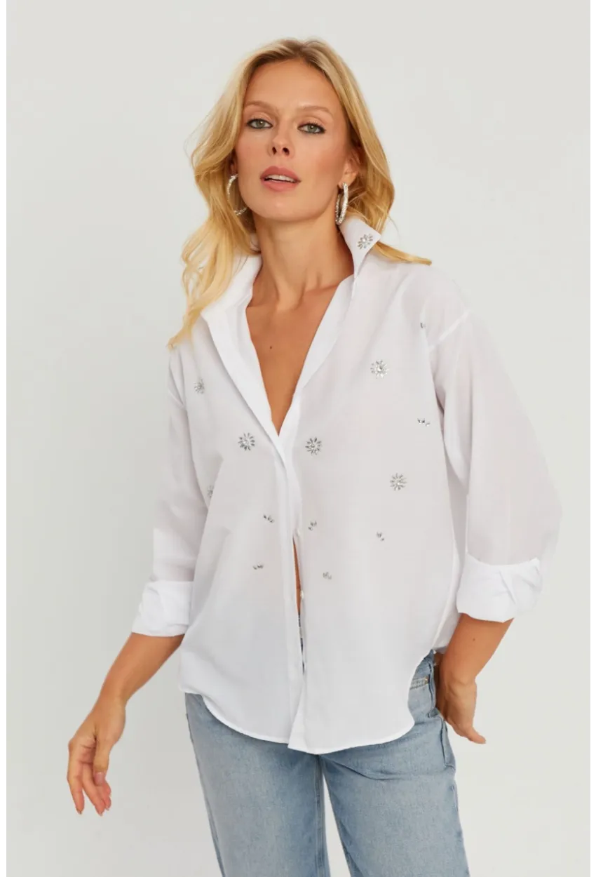 Kadın Beyaz Taşlı Gömlek SF2550