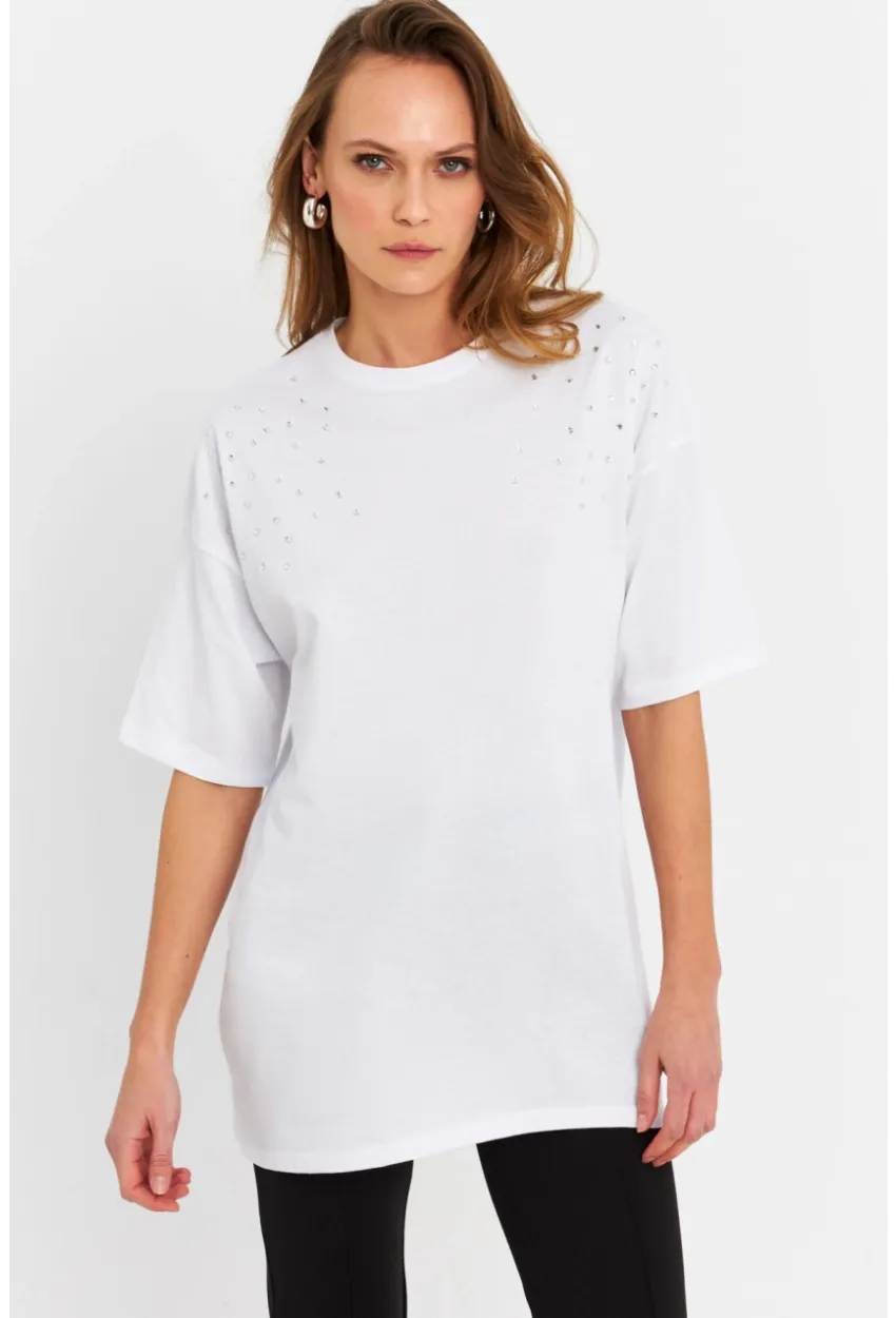 Kadın Beyaz Taşlı Salaş T-Shirt MTF0002