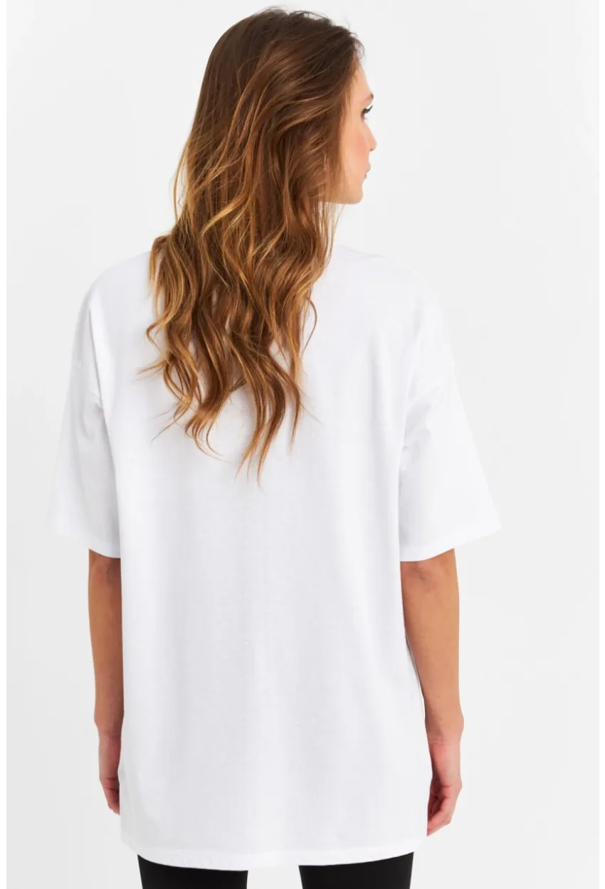 Kadın Beyaz Taşlı Salaş T-Shirt MTF0002