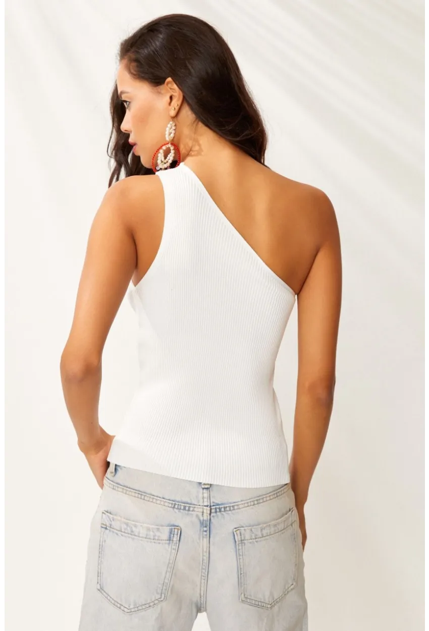 Kadın Beyaz Tek Omuz Triko Bluz YV90
