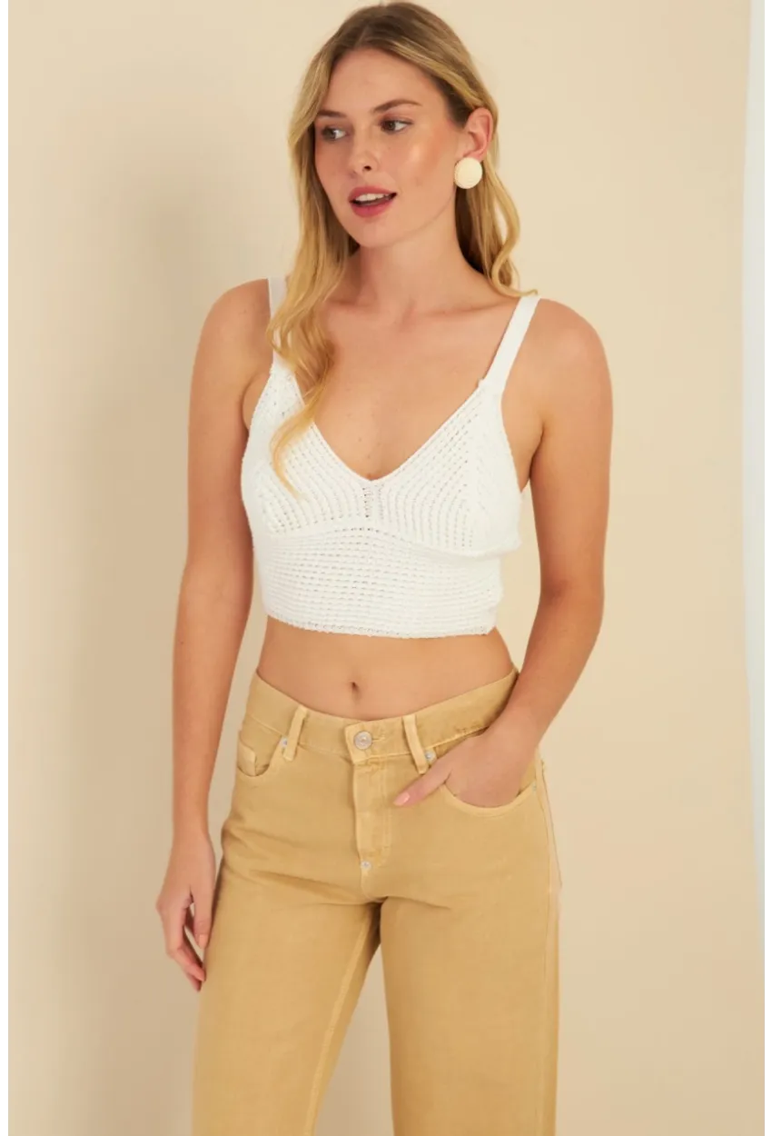 Kadın Beyaz Triko Crop Bluz KZ2507