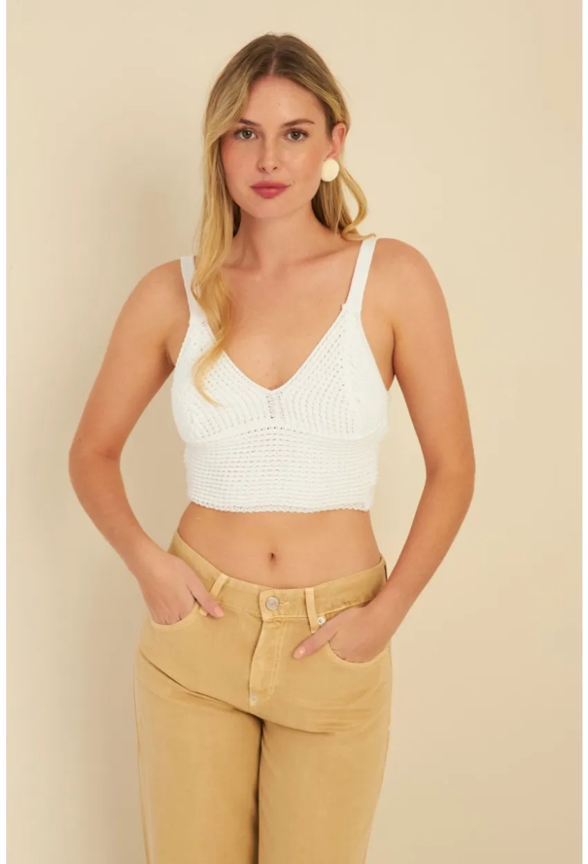 Kadın Beyaz Triko Crop Bluz KZ2507