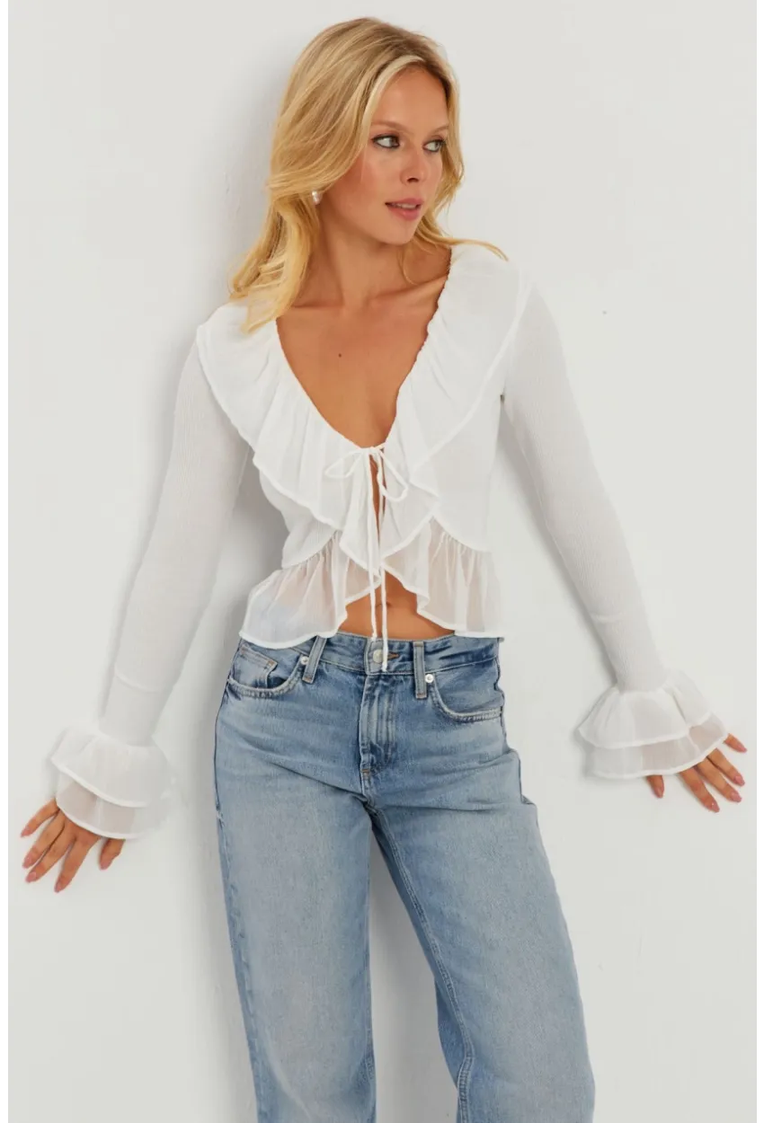 Kadın Beyaz Tül Detaylı Fırfırlı Hırka AYD313