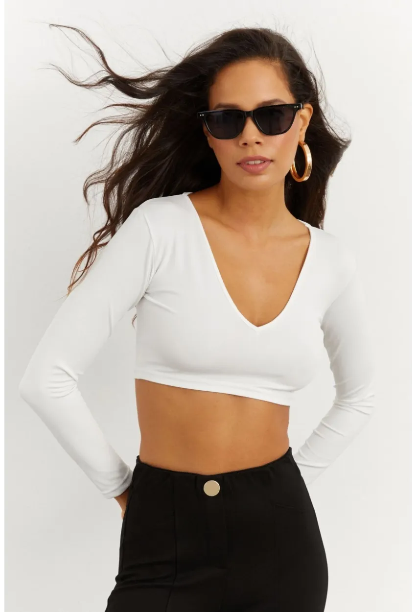 Kadın Beyaz V Yaka Crop Bluz CG265