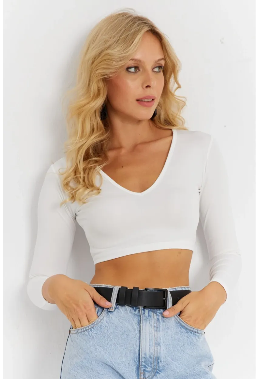 Kadın Beyaz V Yaka Crop Bluz CG368