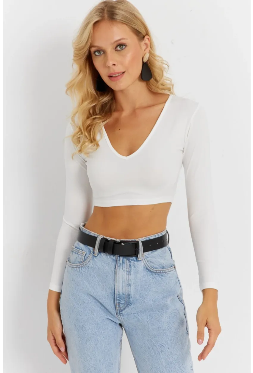 Kadın Beyaz V Yaka Crop Bluz CG368